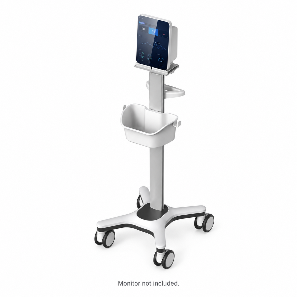 BY-PM-301 trolley showing the monitor platform, front basket and caster base