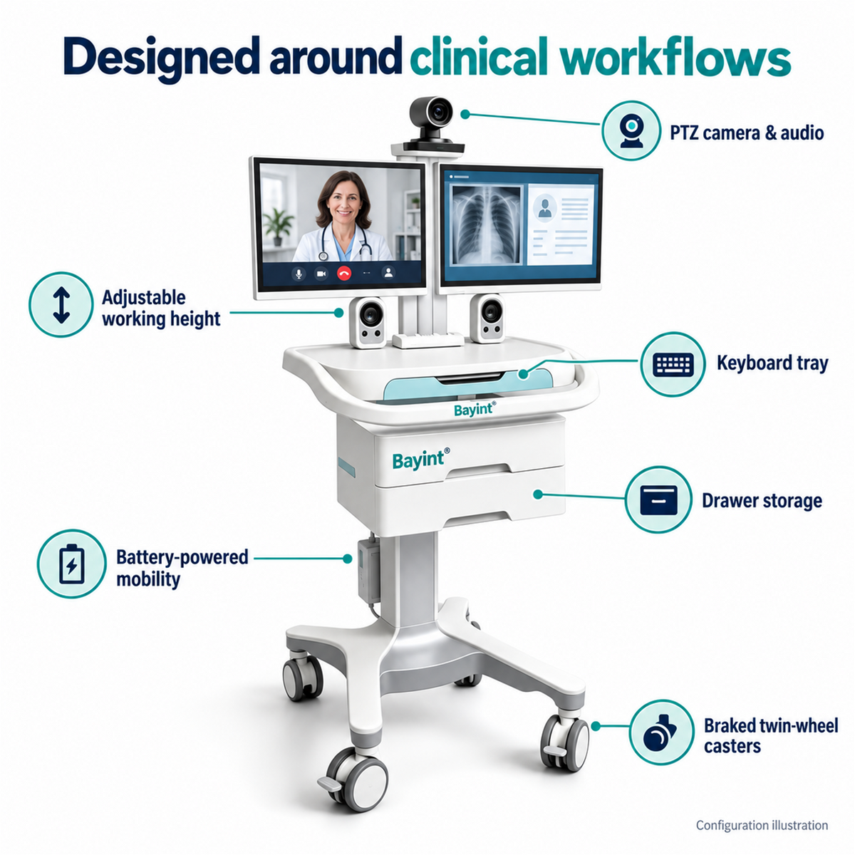 Bayint medical cart on wheels with drawers and keyboard tray feature illustration
