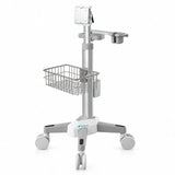 Bayint height adjustable ventilator trolley with silver column wire basket and custom mounting platform on white background