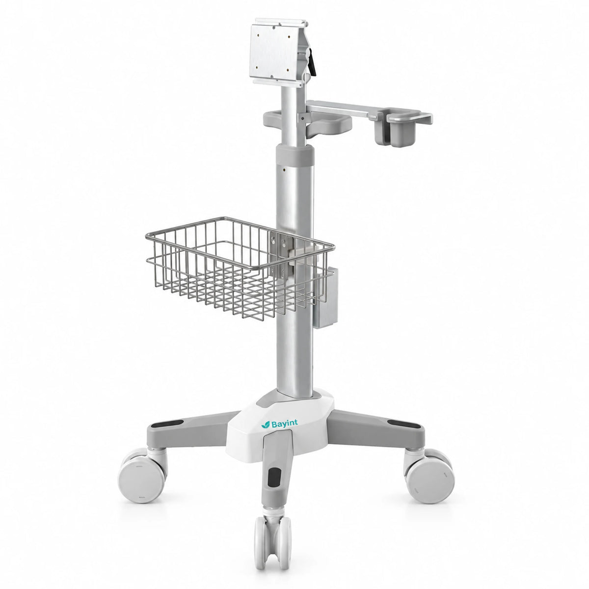 Bayint height adjustable ventilator trolley with silver column wire basket and custom mounting platform on white background