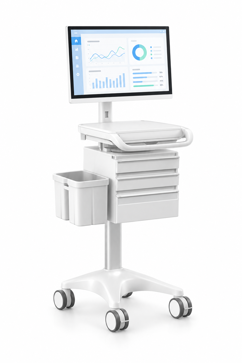 Illustrative front view of the Bayint medical all-in-one computer cart with drawers and wheeled base