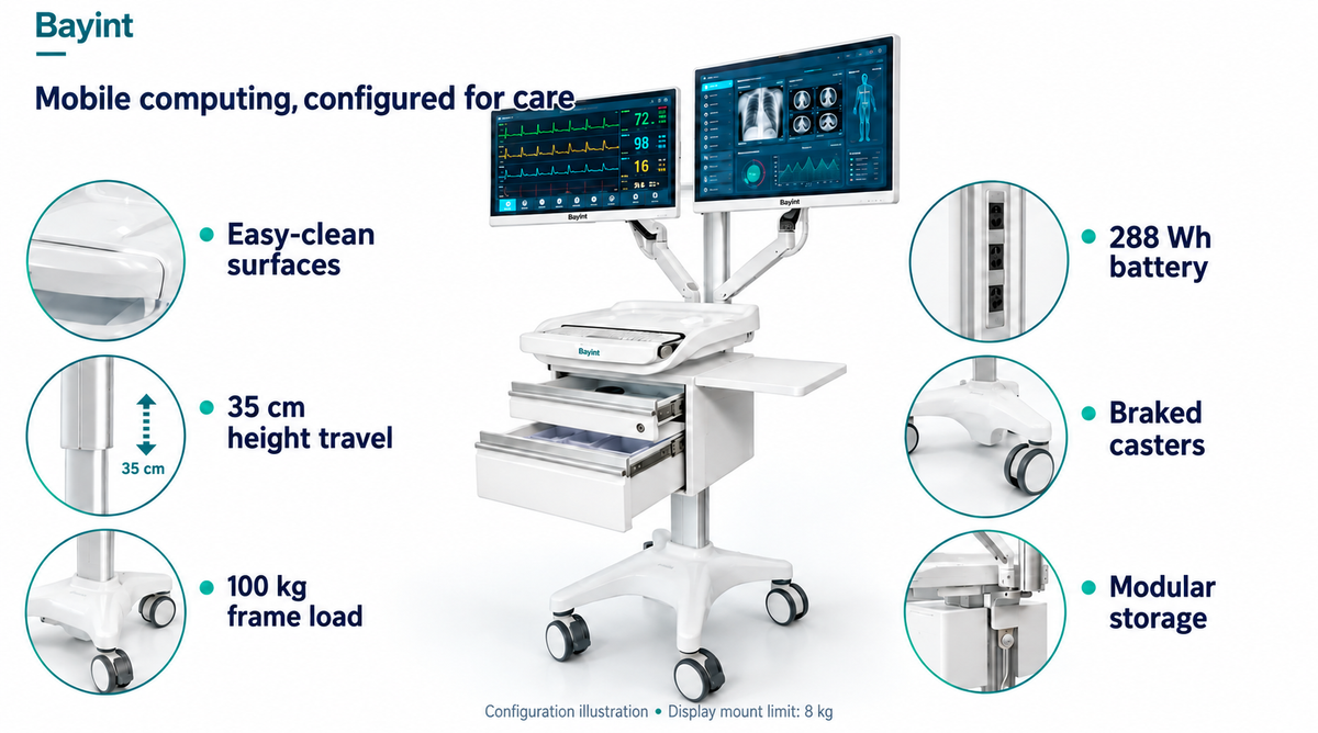 BYLUM100DT medical computer cart with adjustable worktop, configuration illustration