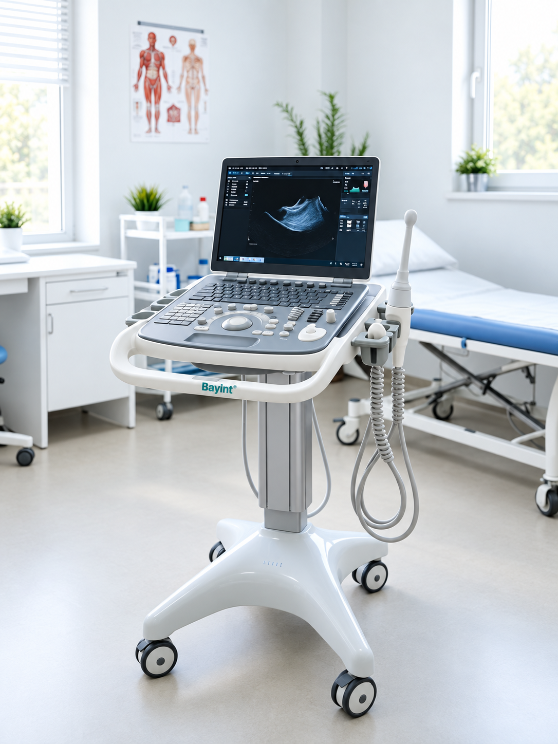 Ultrasound cart in a clinical room with Bayint mark on the cart rail