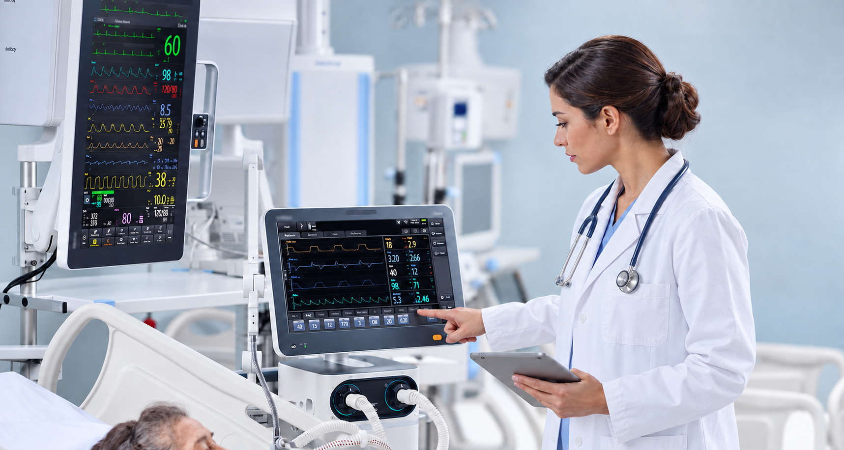Illustrative clinician reviewing monitoring equipment in a clinical setting